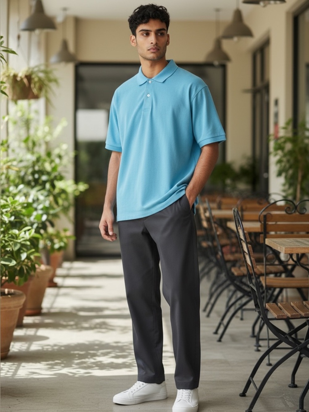 EUC Uniqlo Blue Polo Shirt Medium Cotton Blend Casual Classic Short Sleeve